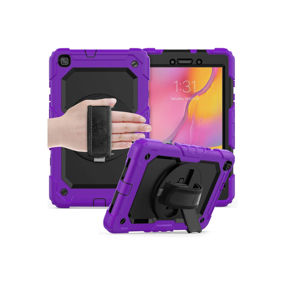 Mor tablet kılıfı elde tutma kayışı ve stantlı, beyaz zeminde.