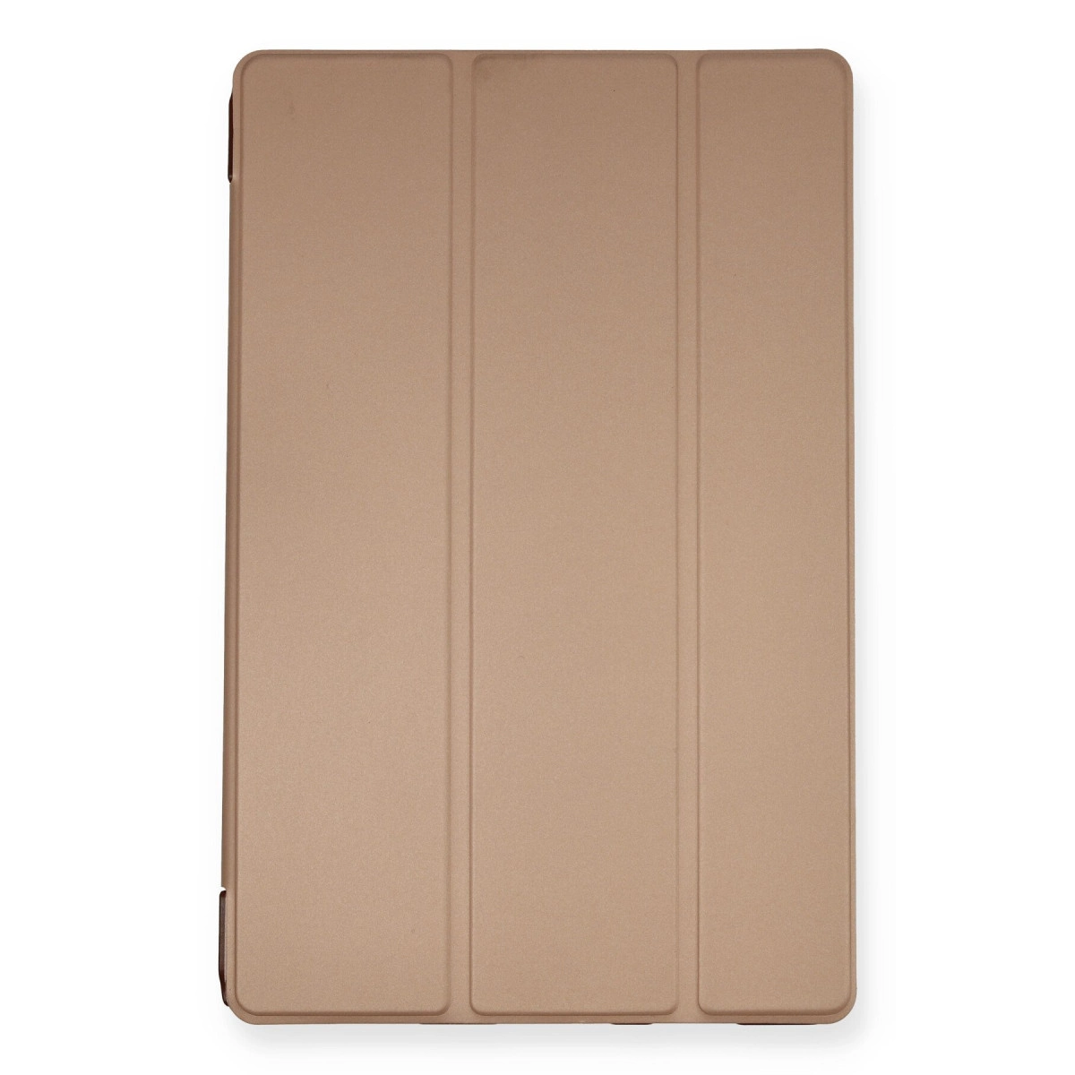 Ön tarafında üç katlanma yeri olan bronz renkli tablet kılıfı.