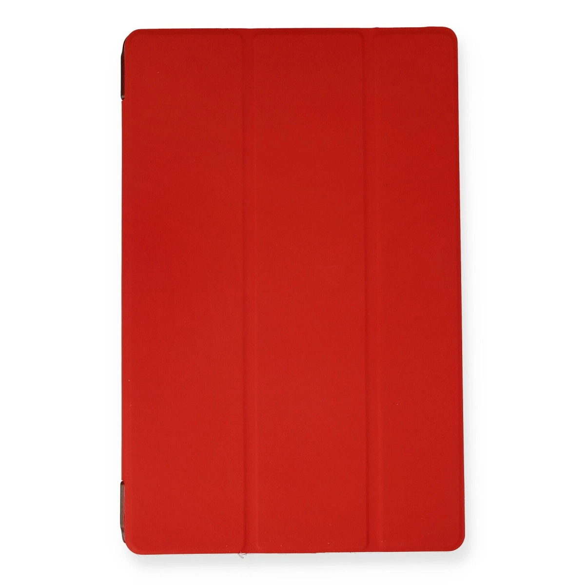 Üç katlama çizgili kırmızı tablet kılıfı, beyaz arka plan üzerinde.