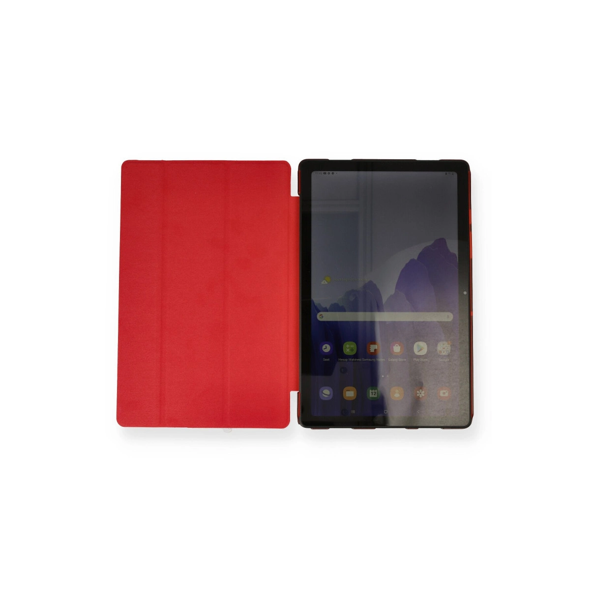 Kırmızı kapaklı siyah tablet, beyaz arka plan üzerinde.