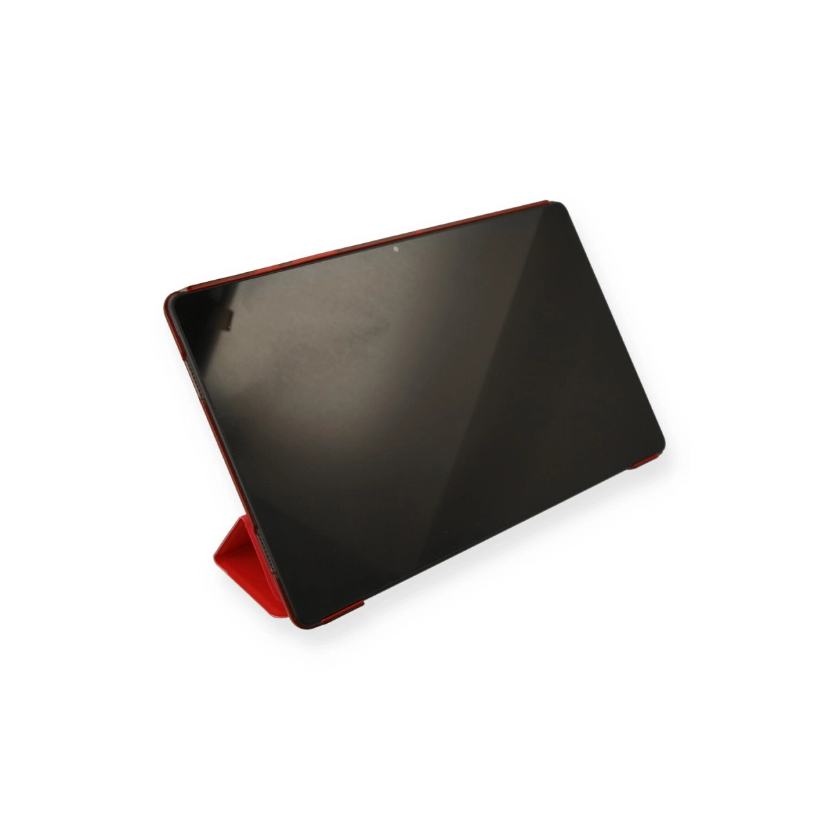 Kırmızı tablet standı, koyu ekranlı siyah bir tableti tutuyor.