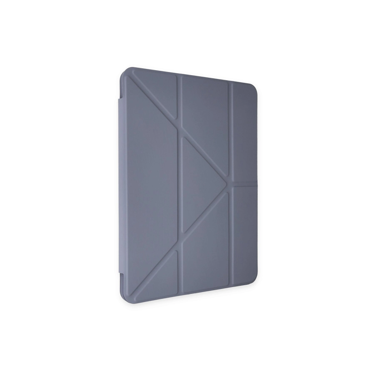 Beyaz arka plan üzerinde geometrik katlanır tasarımlı gri tablet kılıfı.