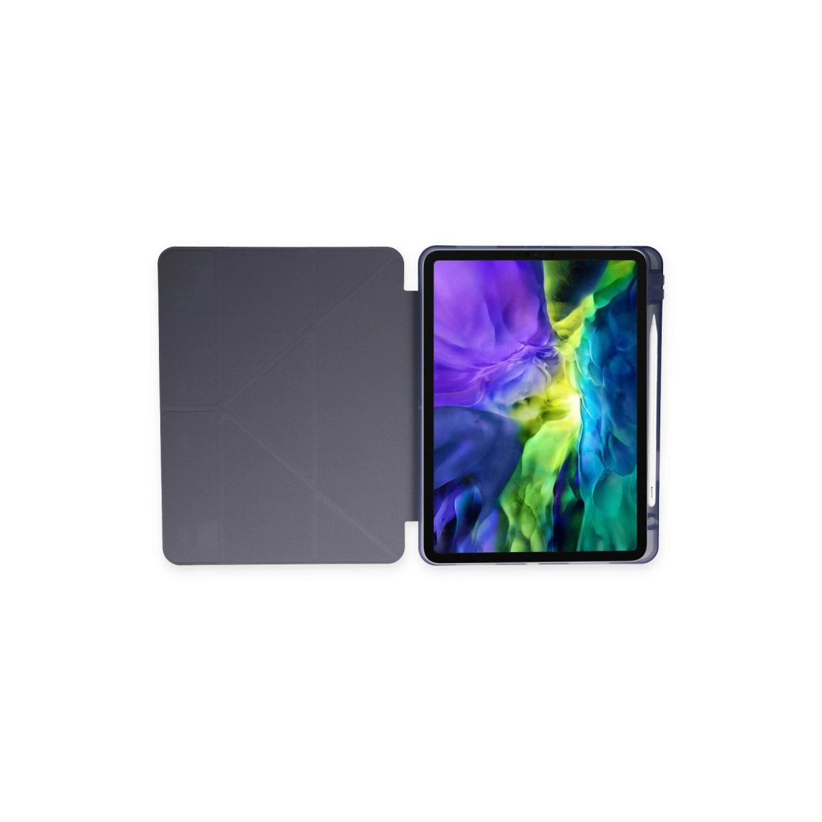 Mor ve yeşil arka planlı tablet ve gri kapak.
