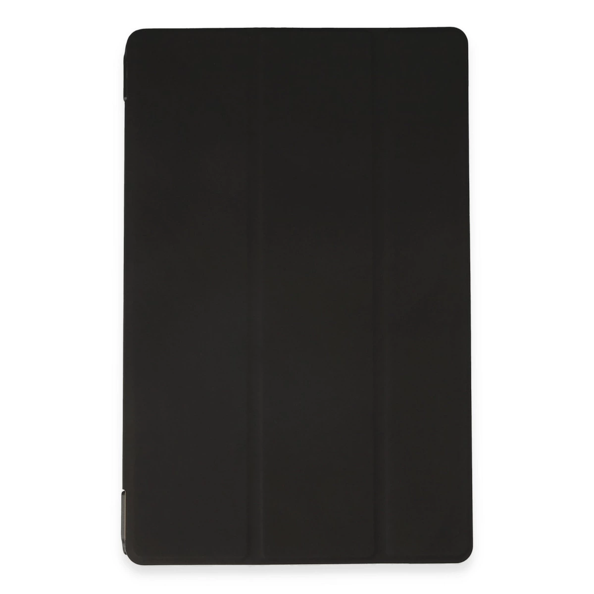 Üç dikey katlamalı siyah tablet kılıfı, beyaz arka plan üzerinde.
