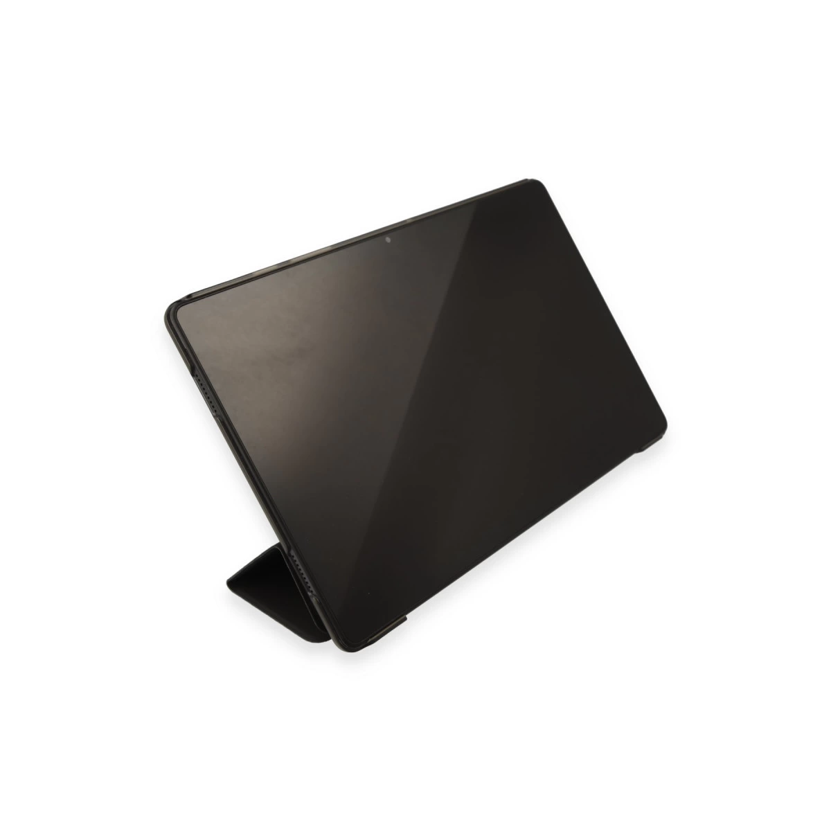 Beyaz zeminde duran siyah kılıflı tablet.