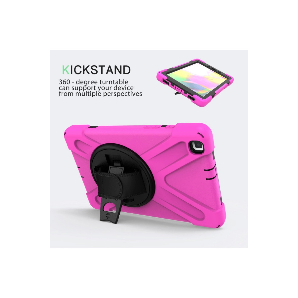 Birden çok açıdan ayarlanabilen, entegre ayaklı pembe tablet kılıfı.