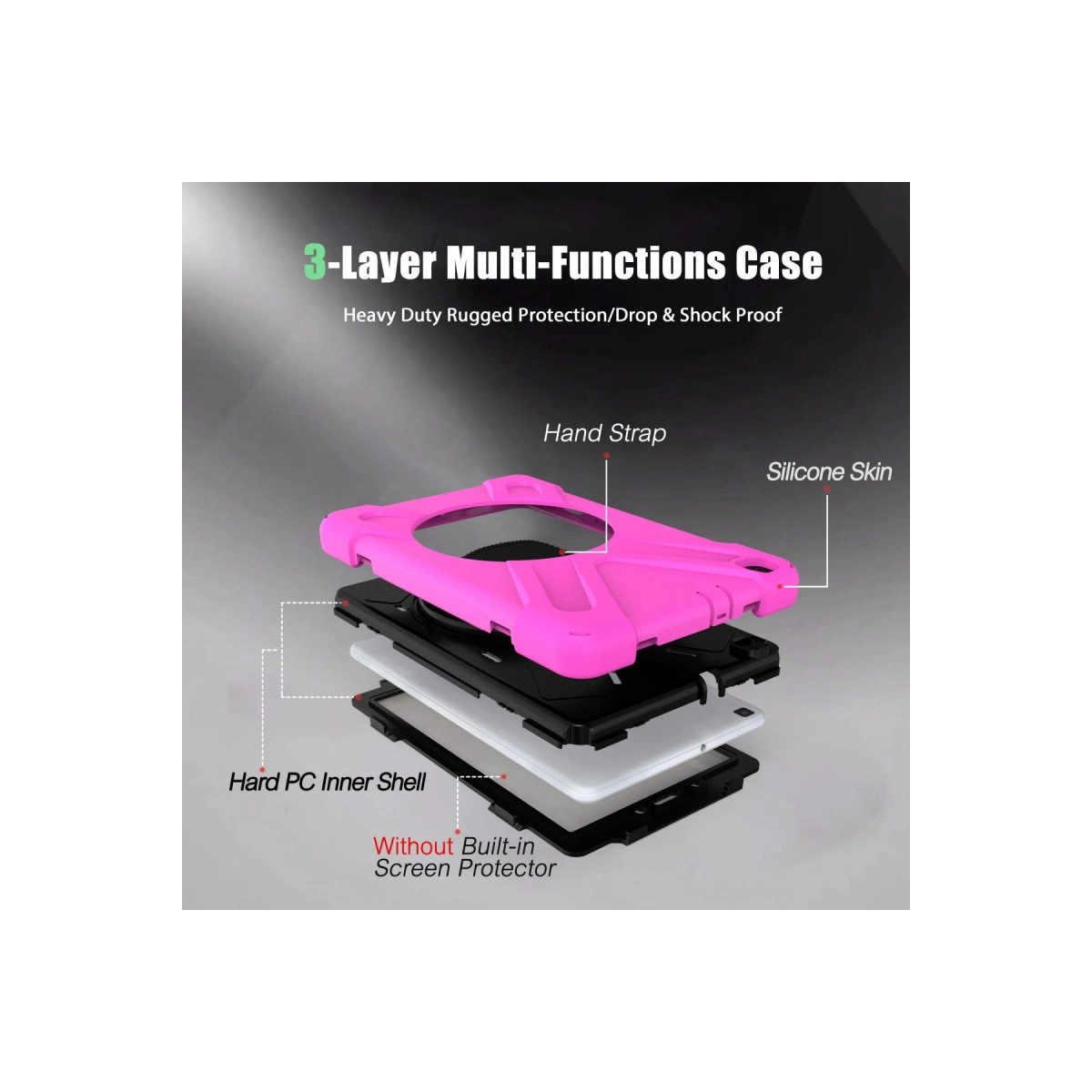 Pembe 3 katmanlı tablet kılıfının patlatılmış görünümü, el kayışı ve silikon kaplamalı.