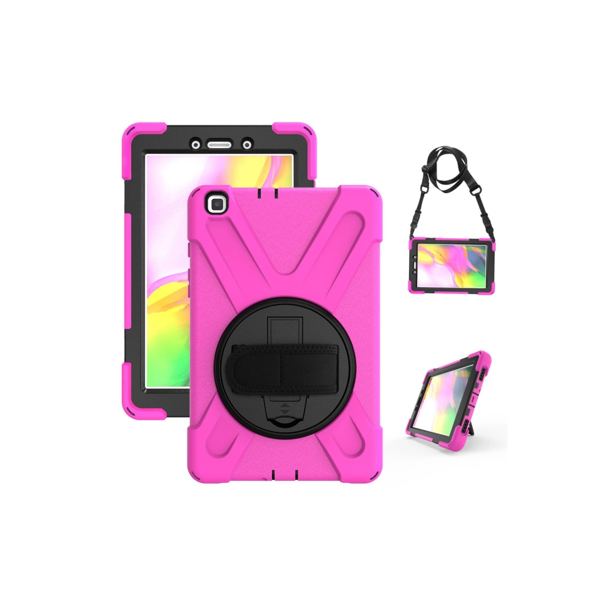 Üç pembe tablet kılıfı stantlı ve askılı, beyaz arka plan üzerinde.