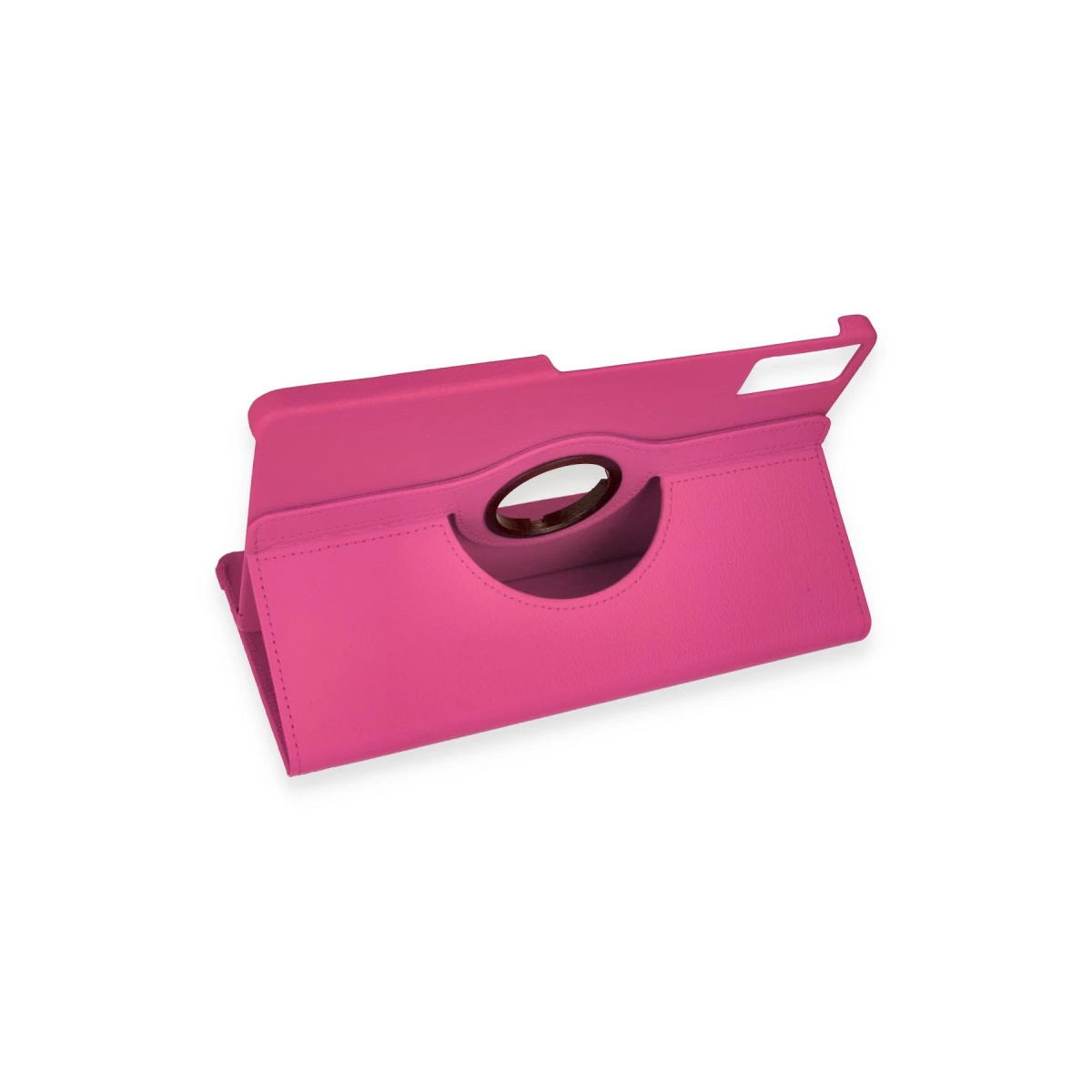 Ortasında yuvarlak saplı pembe tablet standı.