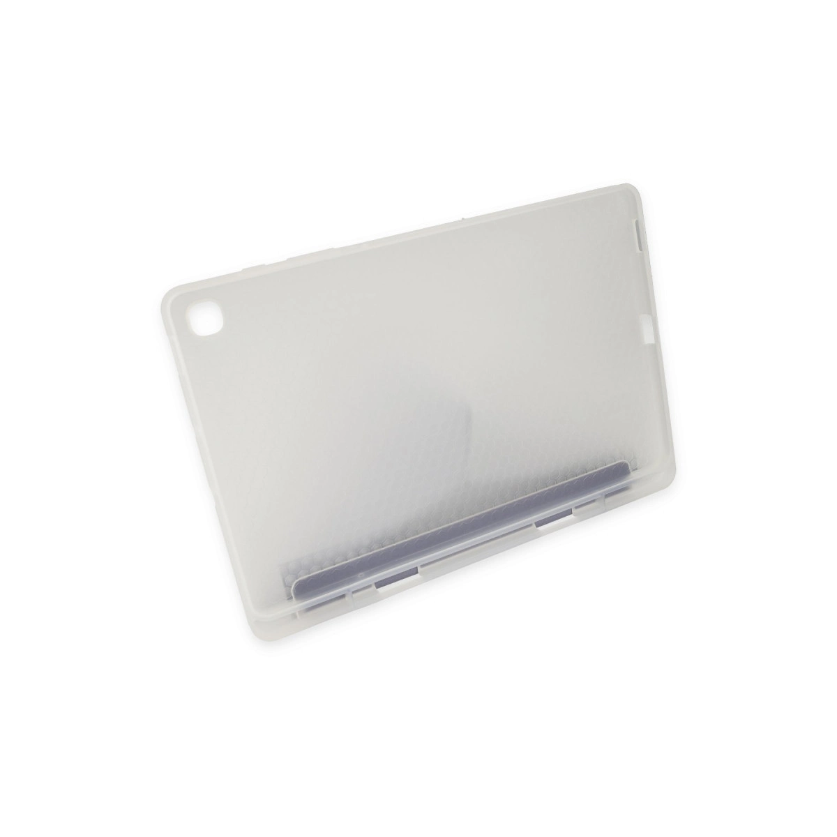 Alt kenarı boyunca dar, koyu şeridi olan şeffaf tablet kılıfı.