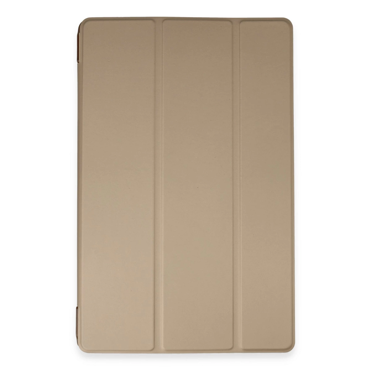 Beyaz zeminde duran, üç katlanabilir bölümü olan bej tablet kılıfı.