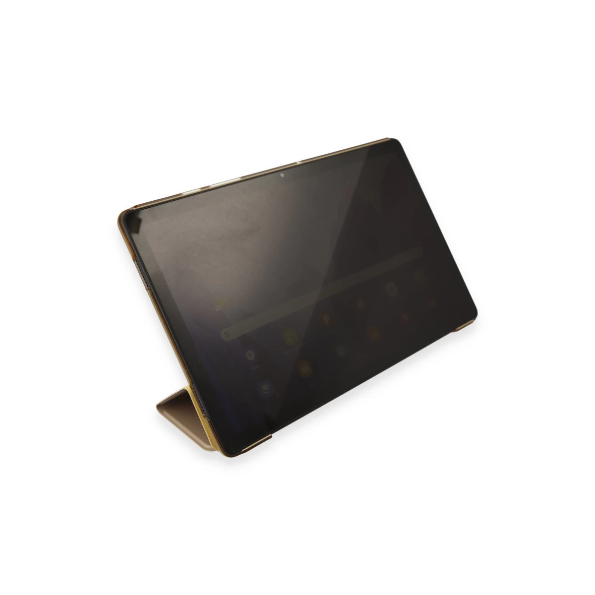 Altın rengi stantlı koyu renk tablet beyaz zeminde gösteriliyor.