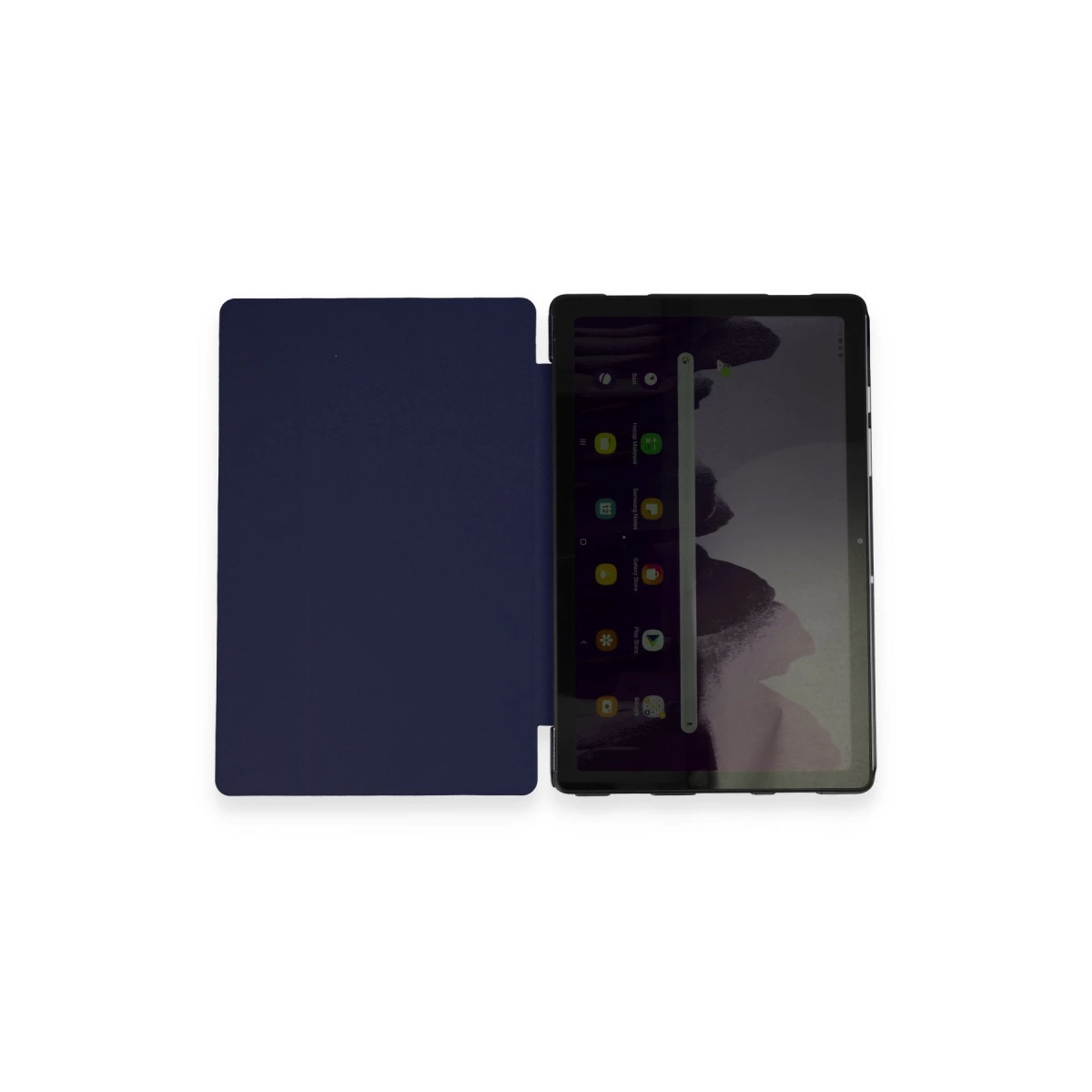 Beyaz zeminde açık mavi tablet ve kılıfı.