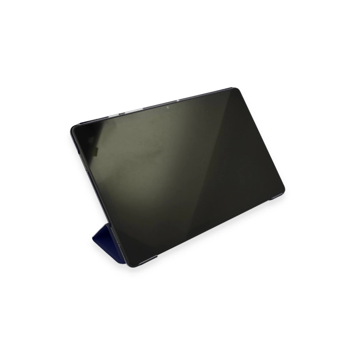 Beyaz arka planda koyu mavi stantlı koyu gri tablet.