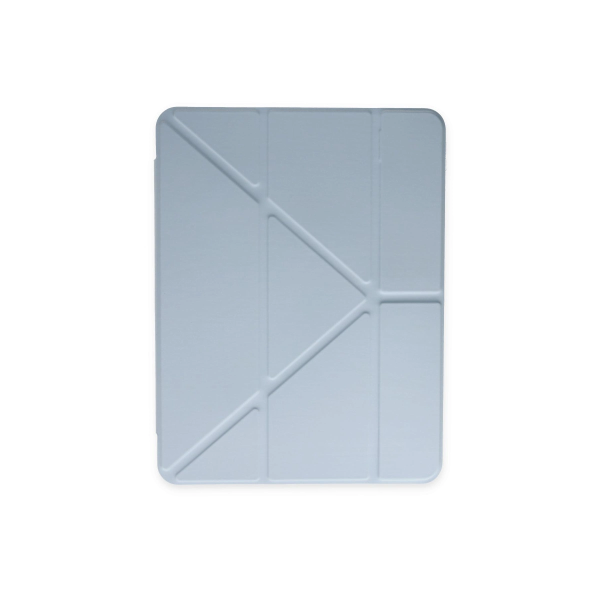 Katlanmış ön ve geometrik desenli açık mavi tablet kılıfı.