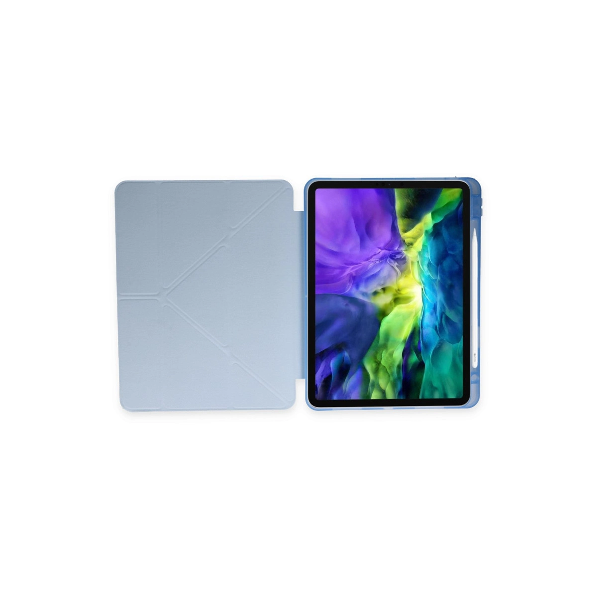 Renkli duvar kağıdı gösteren açık mavi bir tablet ve kılıfı.