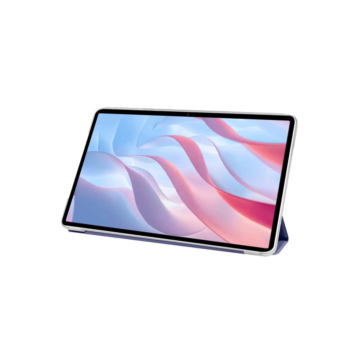 Renkli soyut duvar kağıdı gösteren mavi kılıflı gümüş tablet.