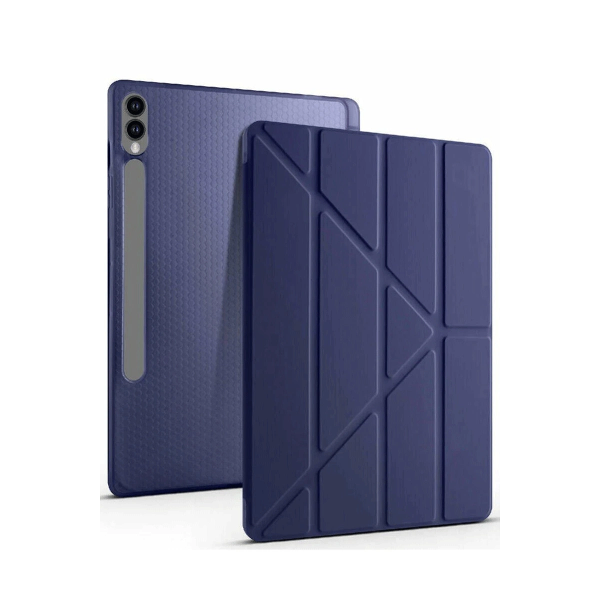 Geometrik desenli kılıflı mavi bir tablet.