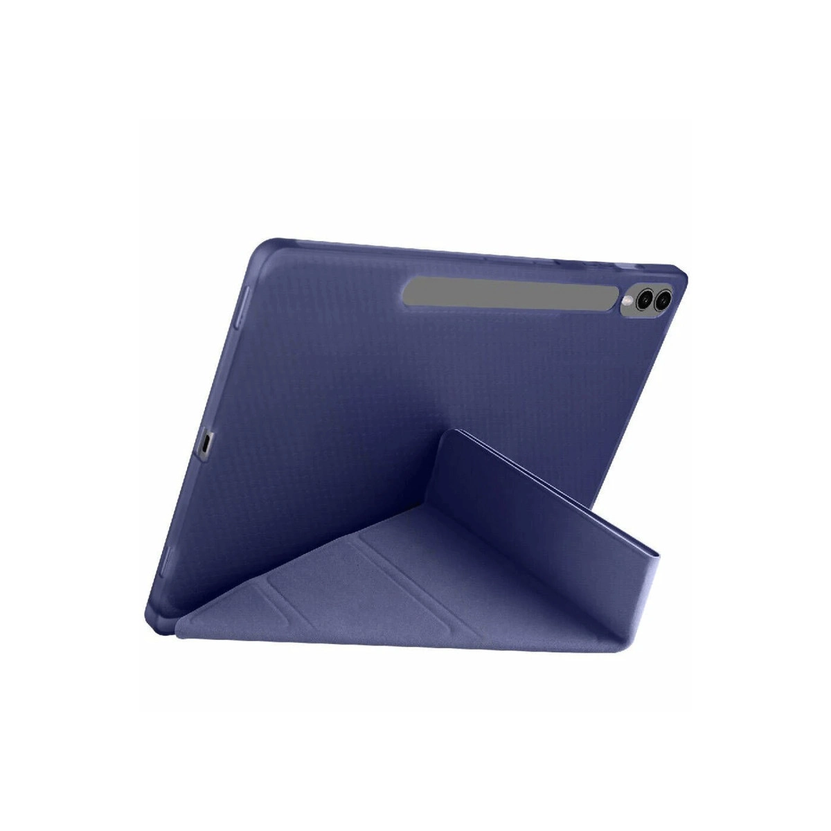 Mavi tablet kılıfıyla birlikte ayakta duruyor.