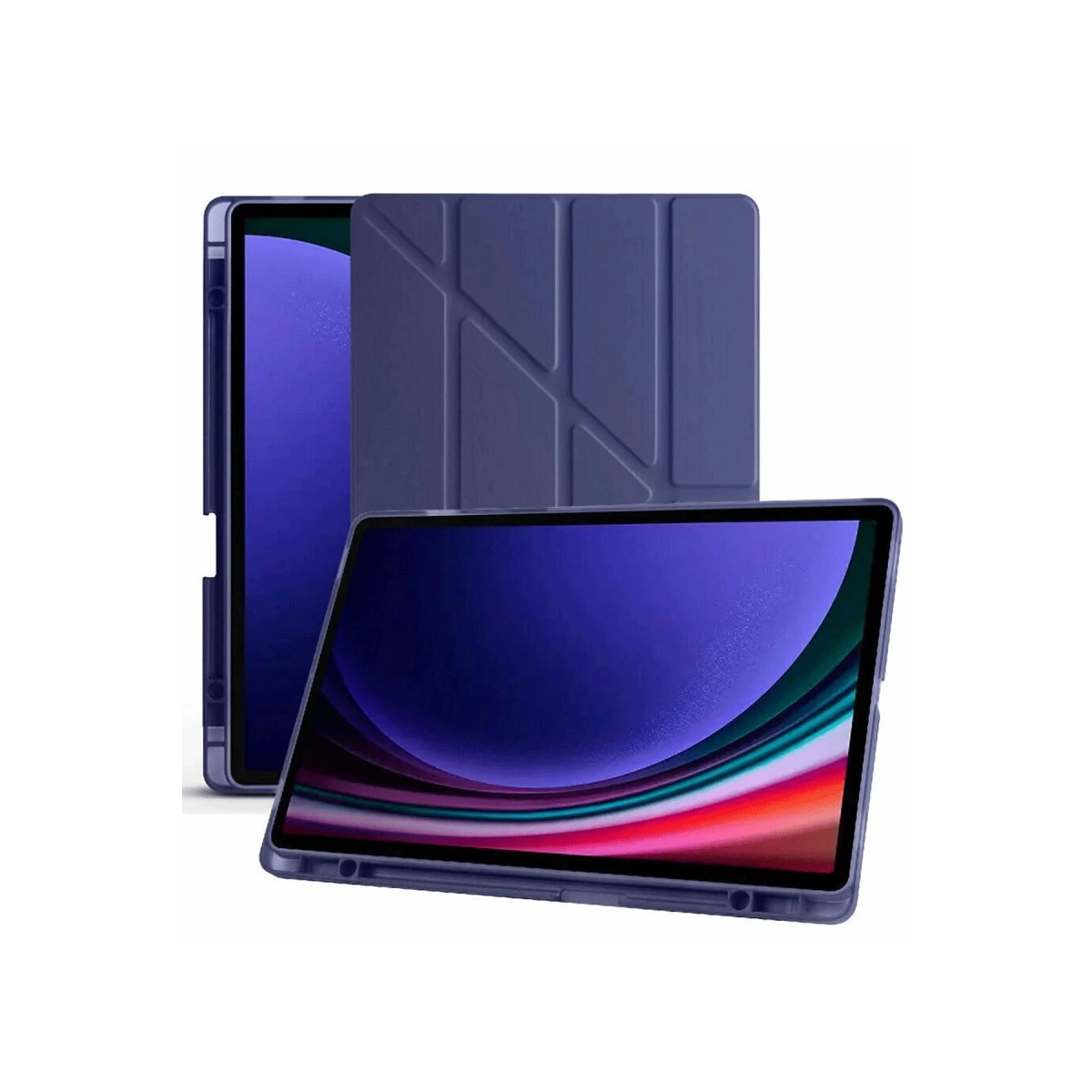 Arkasına yaslanmış katlanmış kılıflı mor bir tablet.