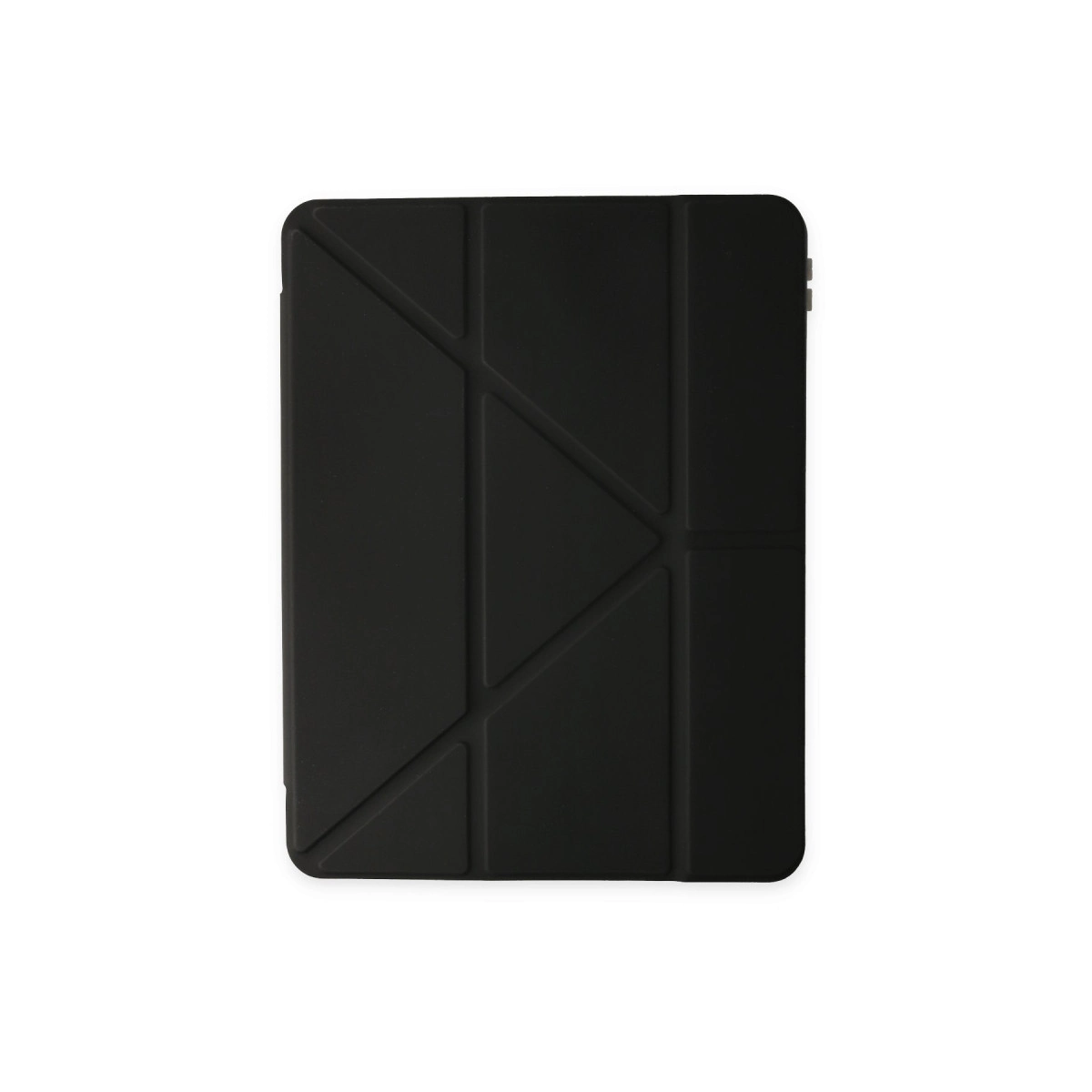 Beyaz zeminde geometrik desenli siyah tablet standı.
