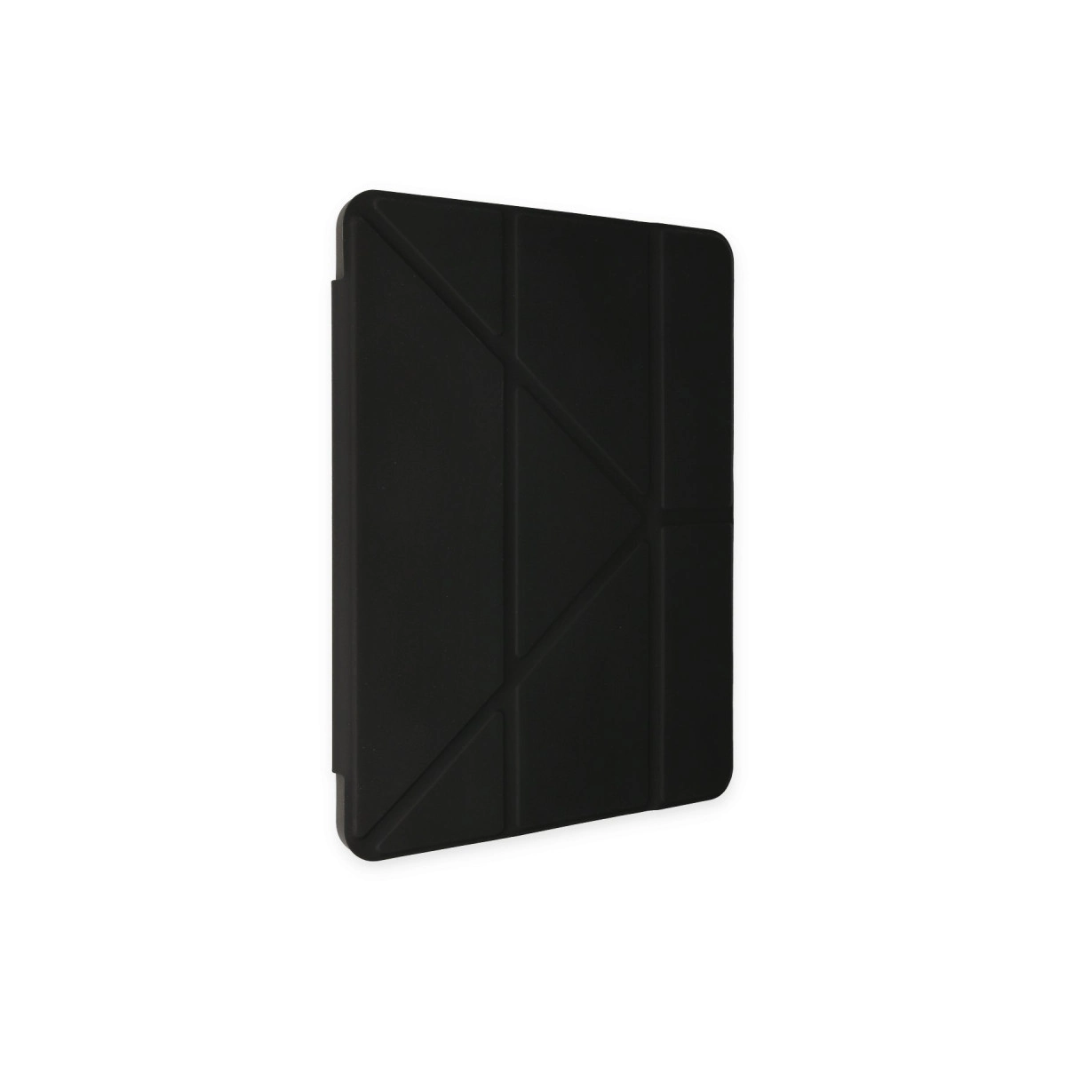 Katlanmış ön kapağı ve geometrik desenli siyah tablet kılıfı.