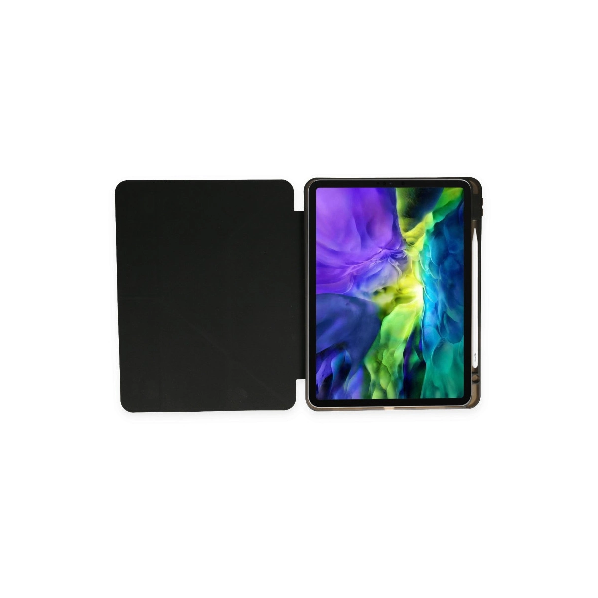 Kalemli açık siyah tablet ve renkli duvar kağıdı.