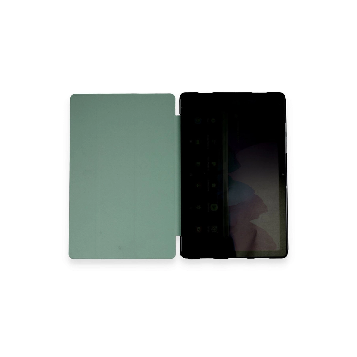 Açık yeşil kılıflı tablet, açık ve yan yana duruyor.