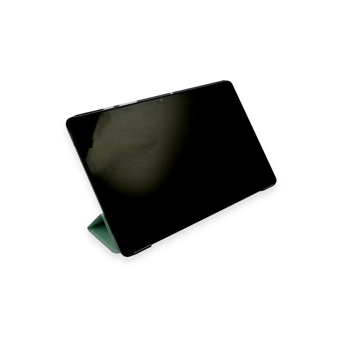 Yeşil stantlı siyah bir tablet beyaz arka planda gösteriliyor.