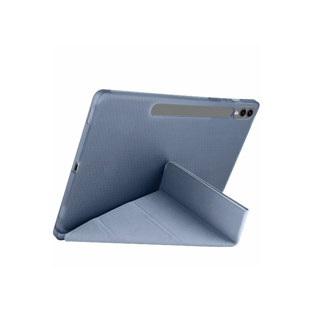 Ayak görevi gören kılıfı olan mavi tablet, beyaz arka plan üzerinde.