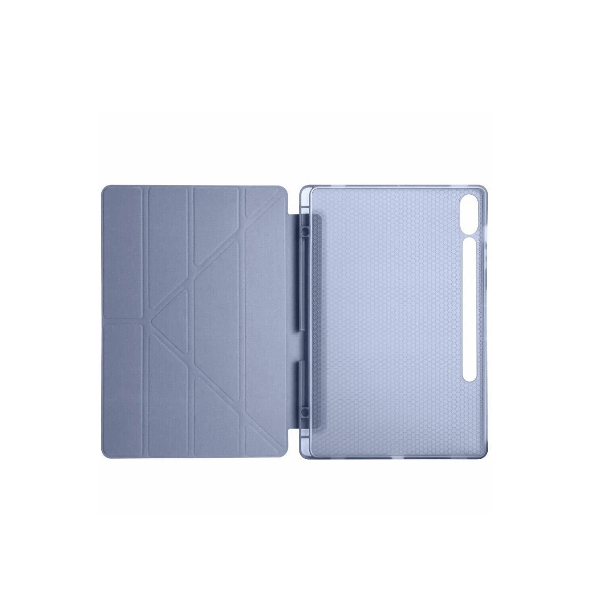 Desenli iç kısma ve katlanabilir ön kapağa sahip açık, mavi tablet kılıfı.