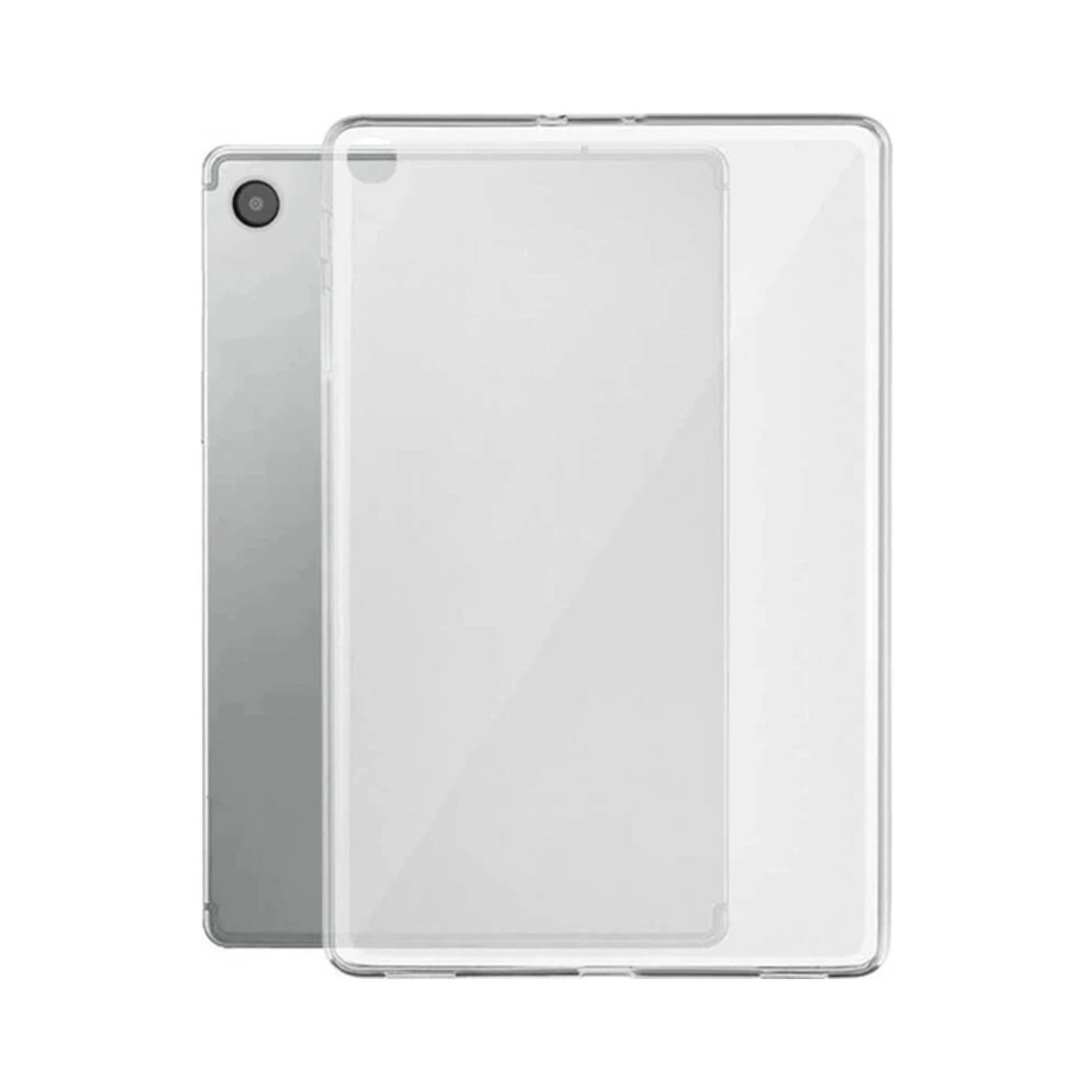 Şeffaf tablet kılıfı, kamera lensini gösteren gümüş rengi bir tableti kaplar.