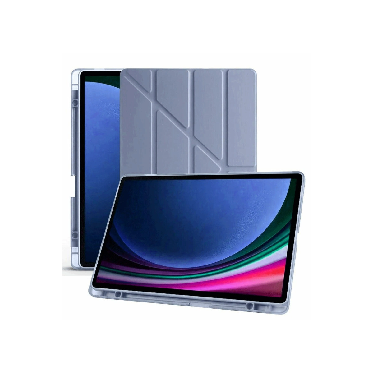 Renkli duvar kağıtlı gri tablet masanın üzerinde duruyor.