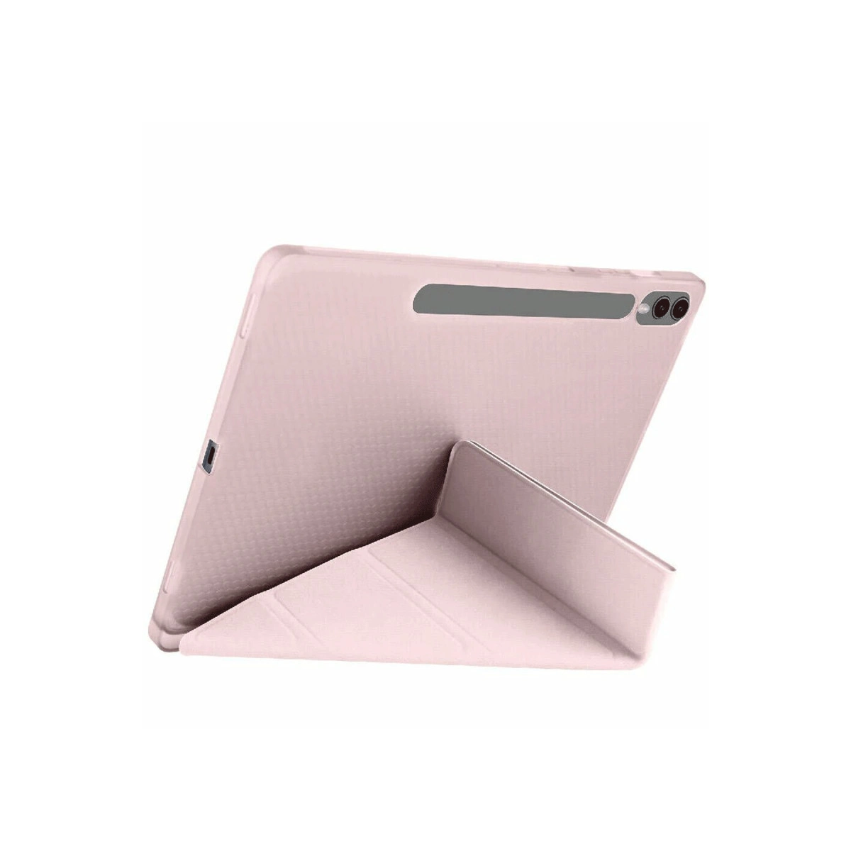 Pembe bir tablet kılıfıyla birlikte standda duruyor.