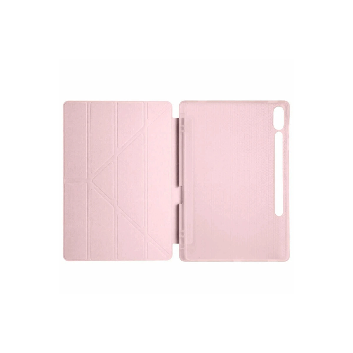 Açık pembe tablet kılıfı açıktır, sol tarafta geometrik desen bulunur.