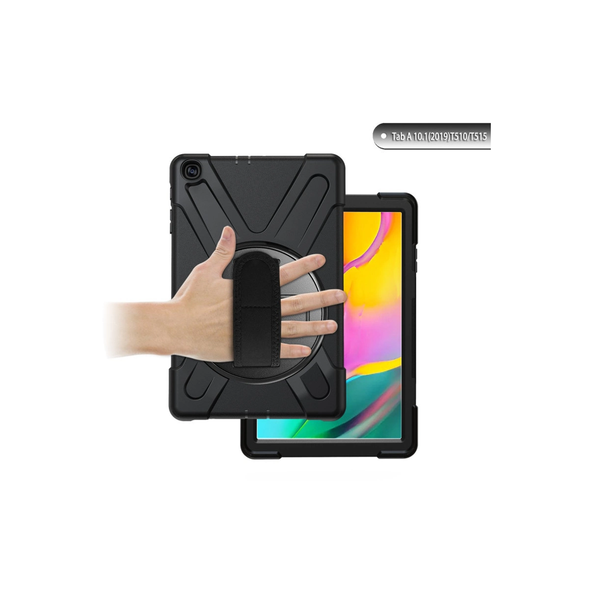 Koruyucu kılıfta siyah bir tablet, bir el tarafından tutuluyor.