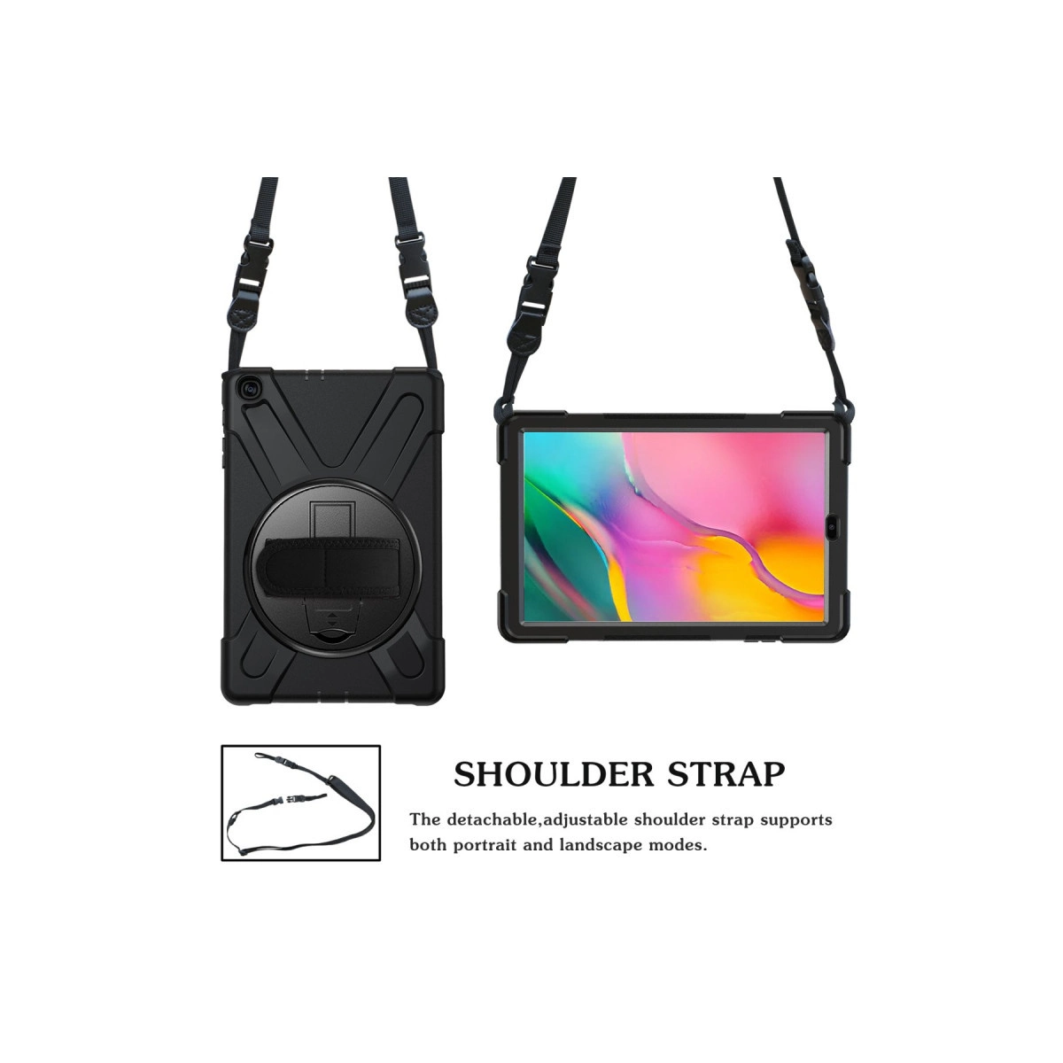 Ayarlanabilir omuz askılı siyah tablet kılıfı, yatay ve dikey modlar.