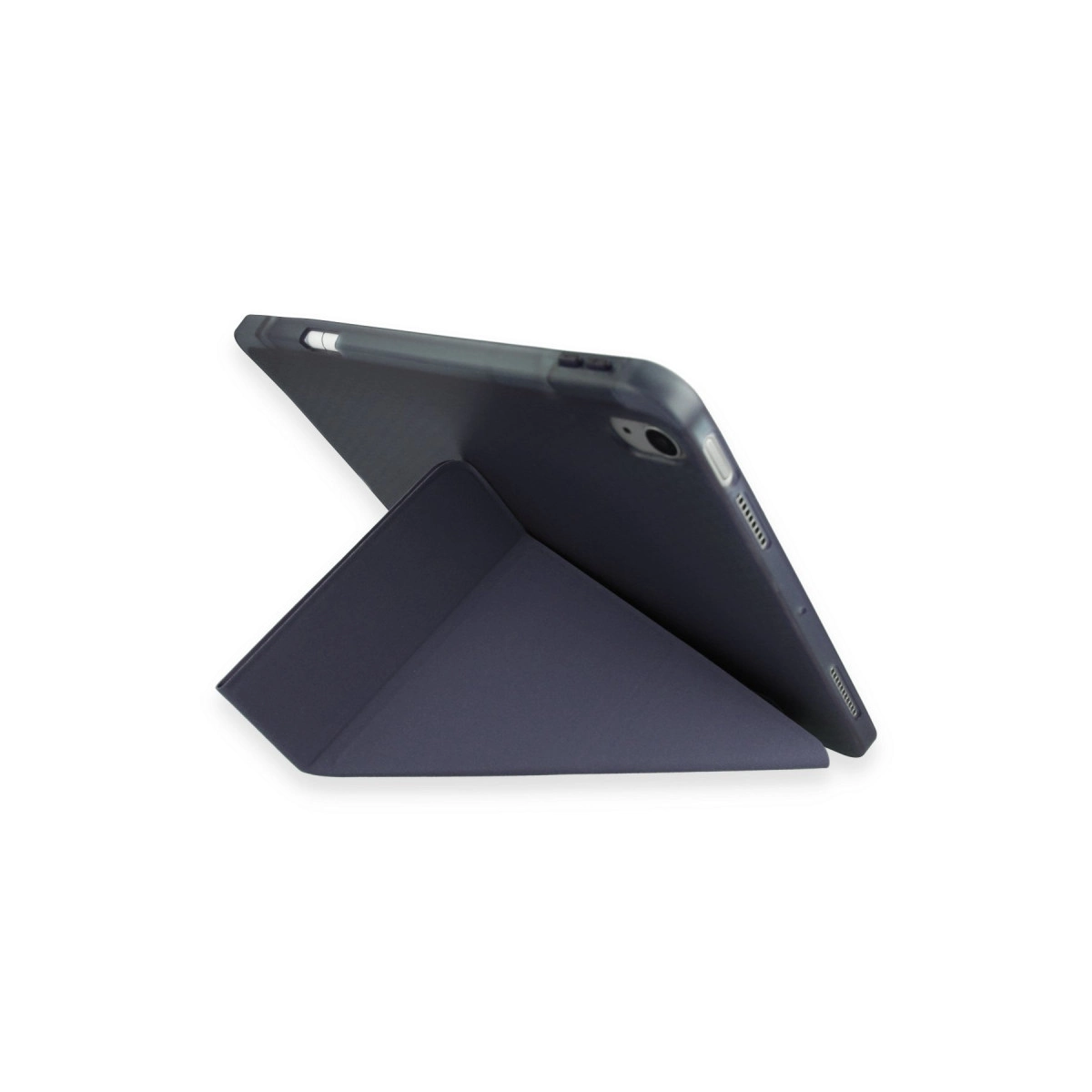 Koyu mavi bir tablet, üçgen bir standa katlanmış kapağıyla destekleniyor.