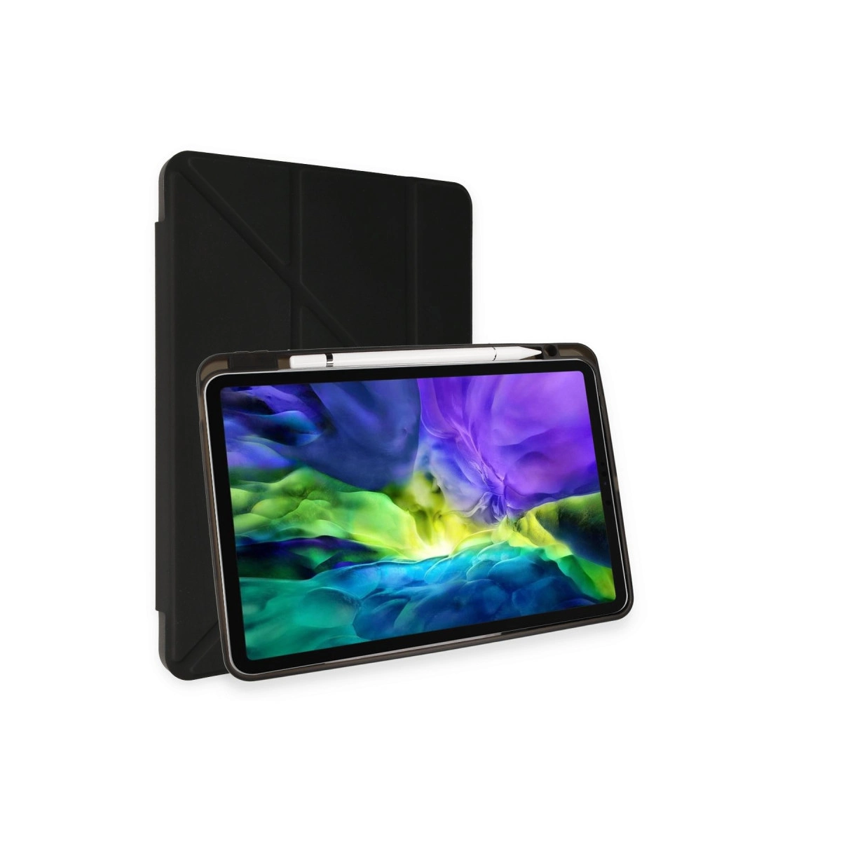 Arkada renkli duvar kağıdı olan siyah tablet ve kalem.