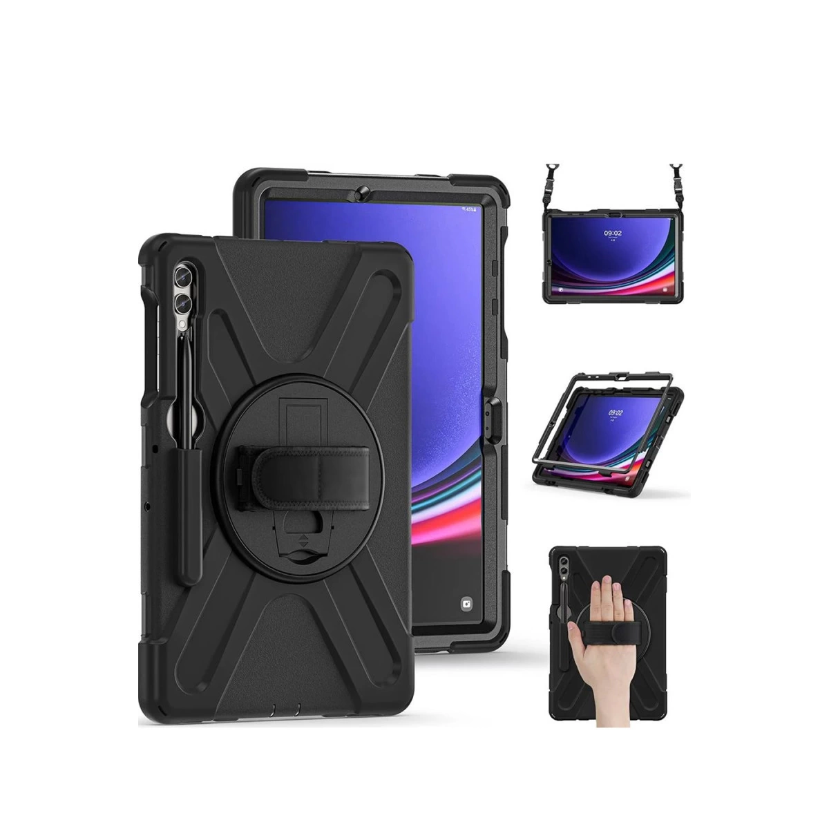 Kalemli, askılı, çoklu görünümlü siyah tablet kılıfı.
