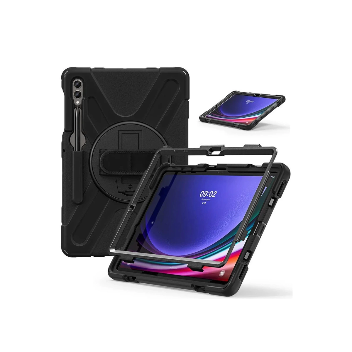 Koruyucu kılıflı, stantlı ve kalem tutuculu siyah tablet.
