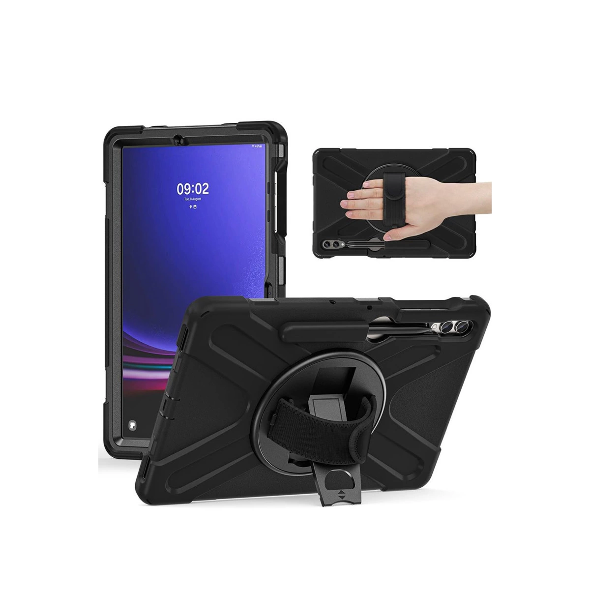 Standlı koruyucu kılıfta siyah tablet, saat ve tarihi gösteriyor.
