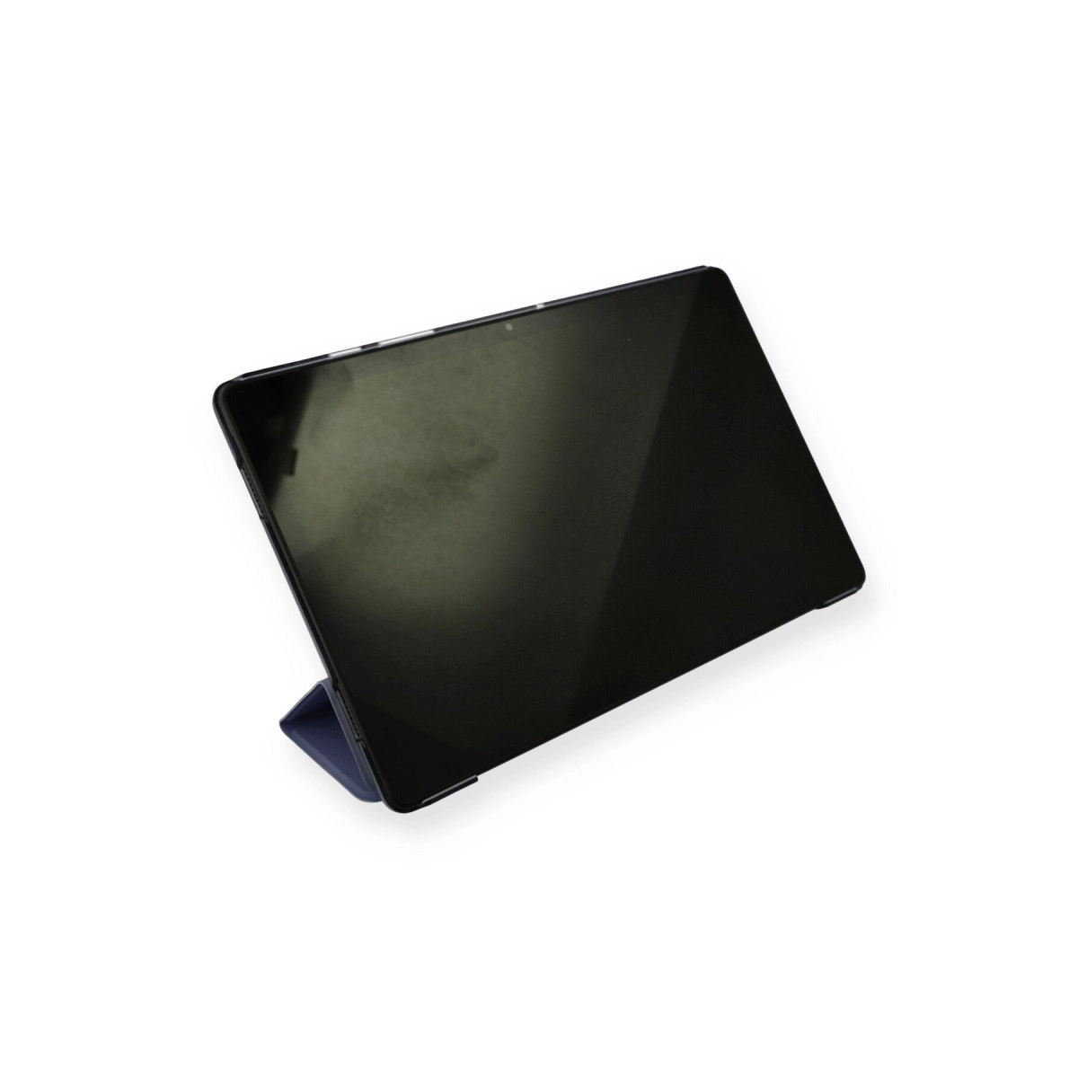 Beyaz arka plan üzerinde mavi stantlı siyah bir tablet.