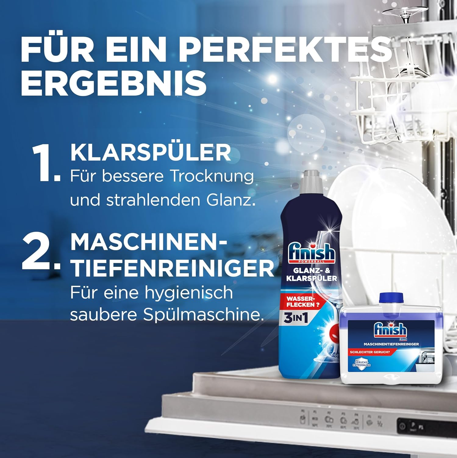 Finish Glanz- & Klarspüler und Maschinentiefenreiniger stehen vor einer Spülmaschine.