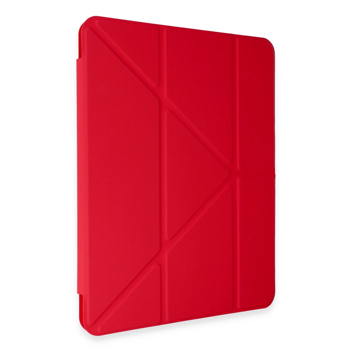 Geometrik desenli kırmızı tablet kılıfı, beyaz arka plan üzerinde.