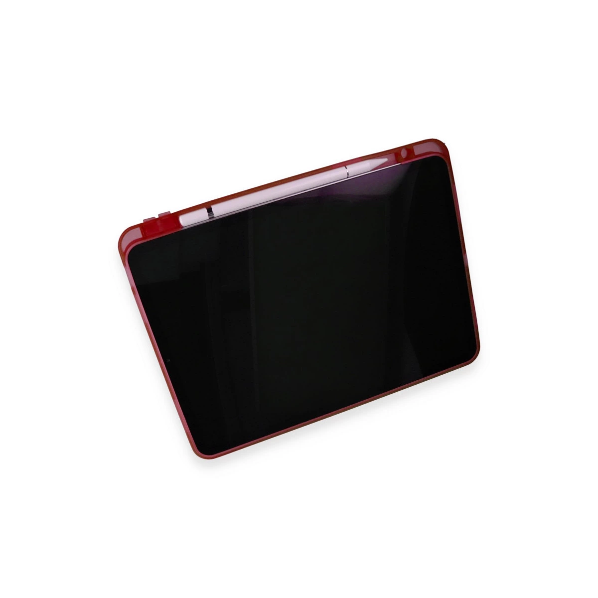 Yanında kalem bulunan kırmızı tablet, beyaz zeminde.