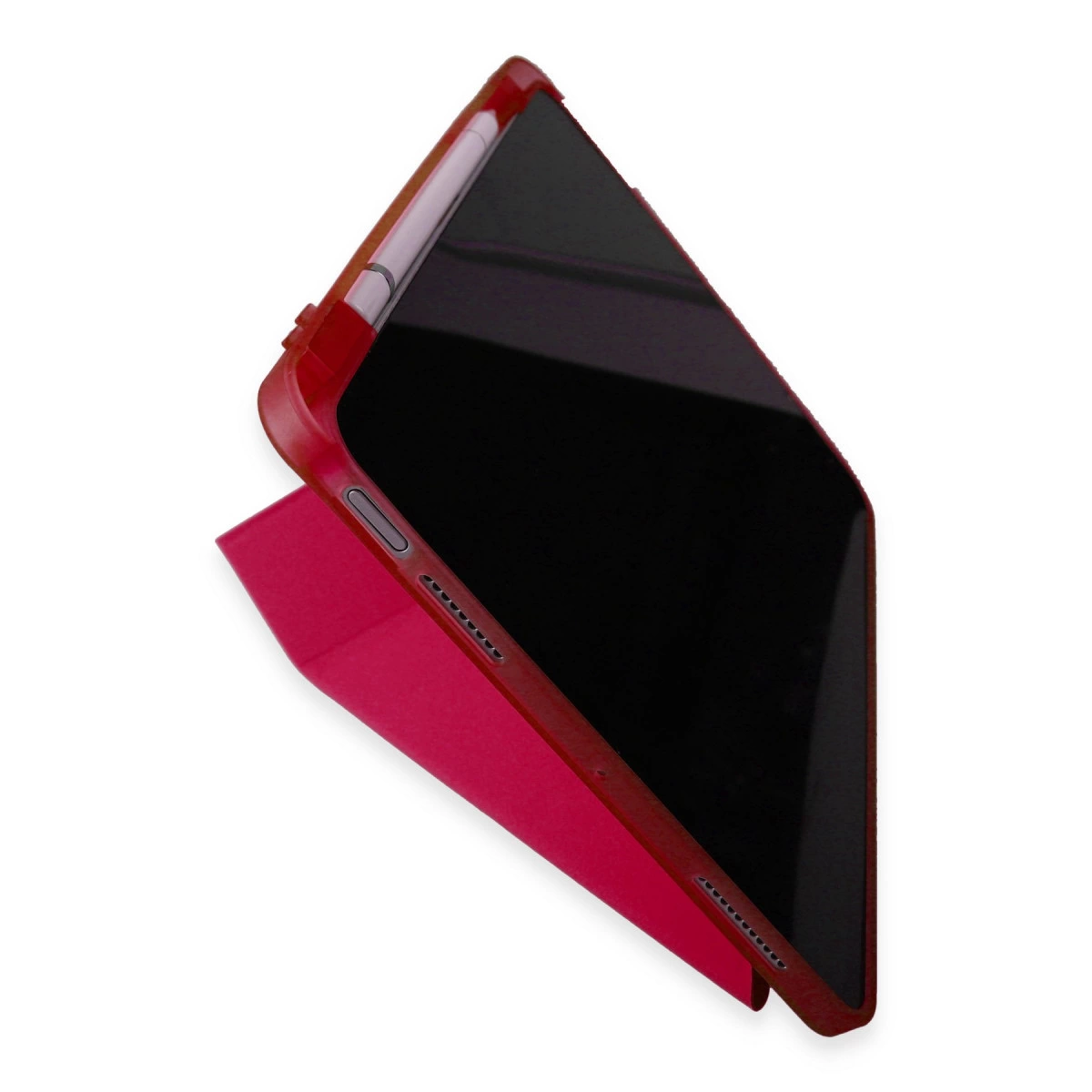 Pembe stantlı kırmızı tablet kılıfı, kalem ve hoparlör ızgaralarını gösterir.