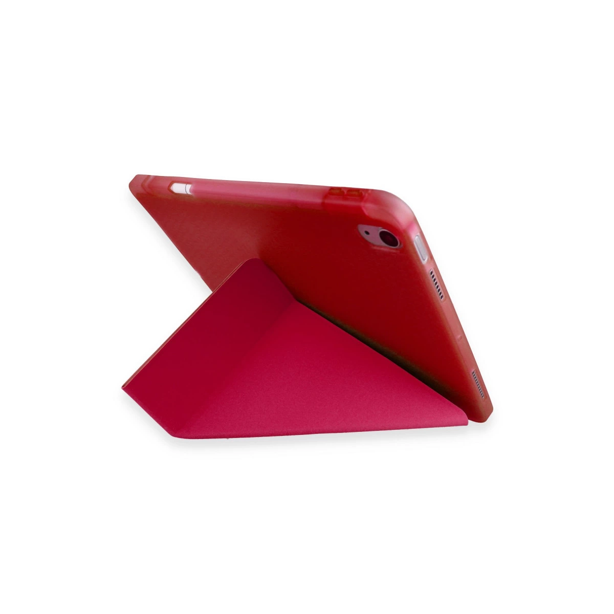 Kırmızı tablet kırmızı stant üzerinde, beyaz arka planda.