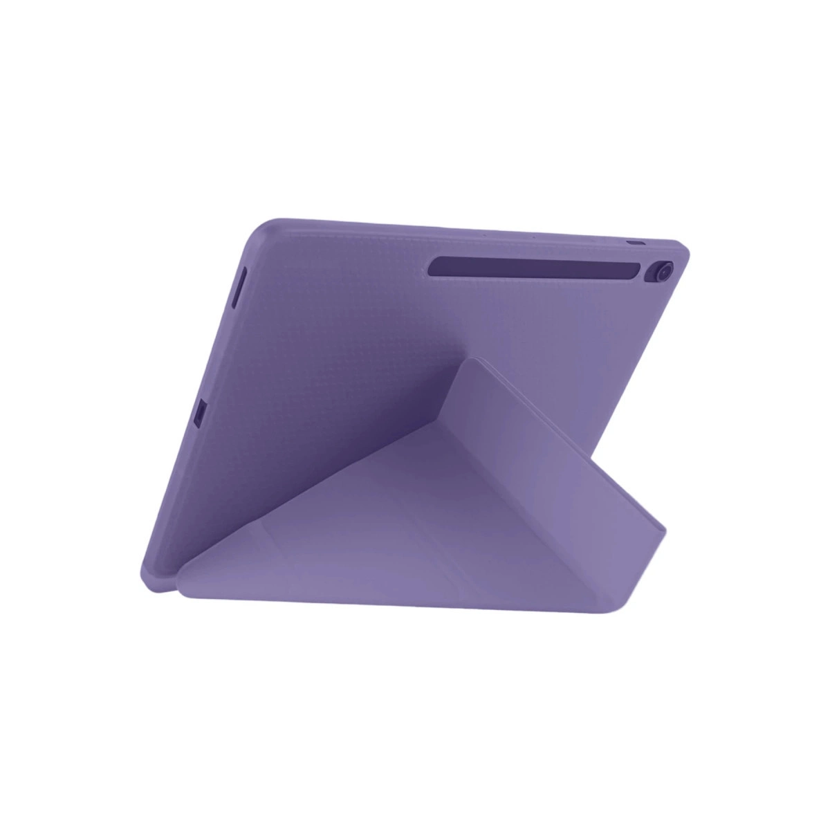 Arkadan görünüm, ayakta durma özelliği olan mor tablet kılıfı.