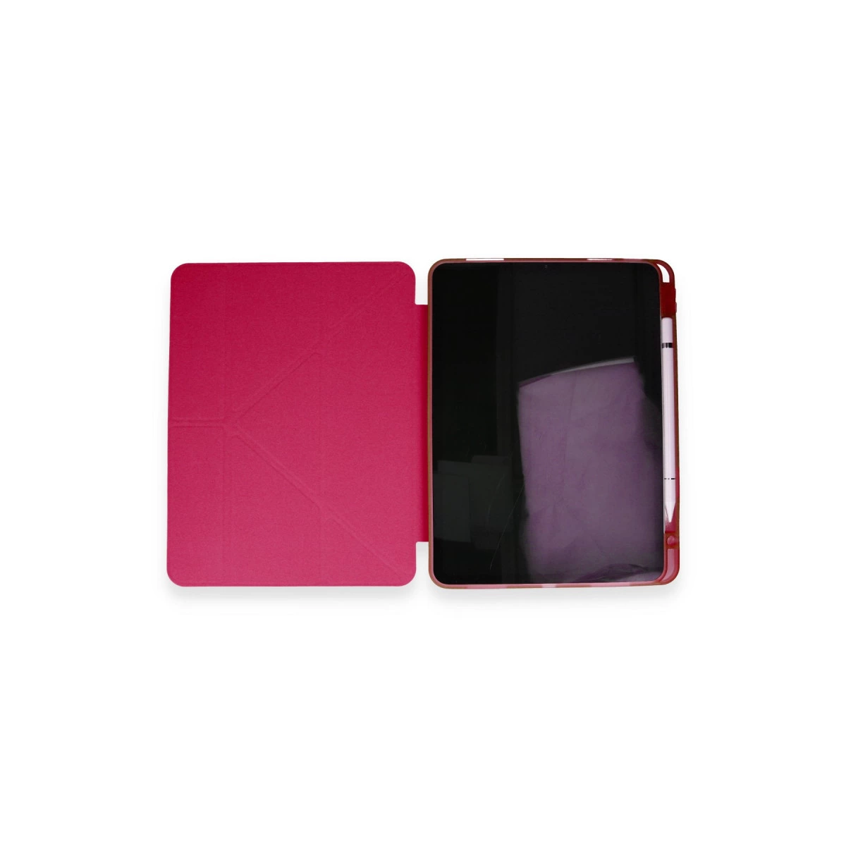 Beyaz arka plan üzerinde tablet ve kalem bulunan pembe tablet standı.